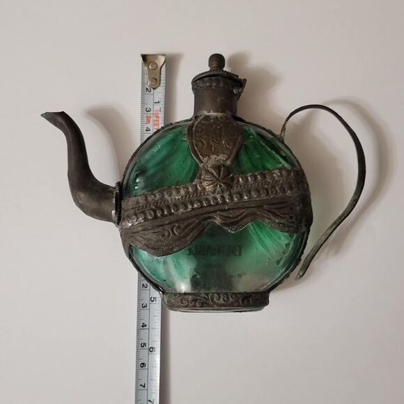 Vintage Emerald Green Glass Decanter Bottle with Ornate Aluminum Holder Teapot - Picture 9 of 9